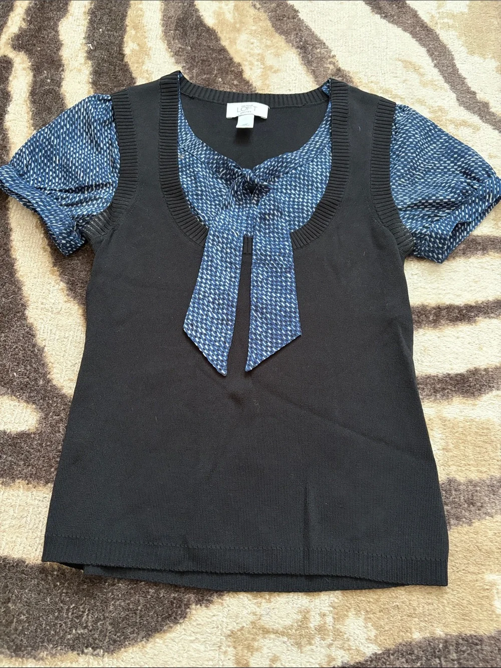 LOFT Black Knit Top with Blue Tie-Neck and Short Sleeves